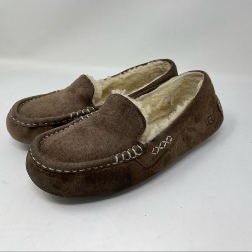 UGG Ansley Wool Slippers Gray Suede Moccasin Slip On Comfort Shoes 3312